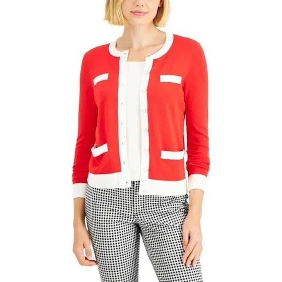 Charter Club Petite Colorblocked Cardigan, Risky Red, PM - Picture 1 of 11